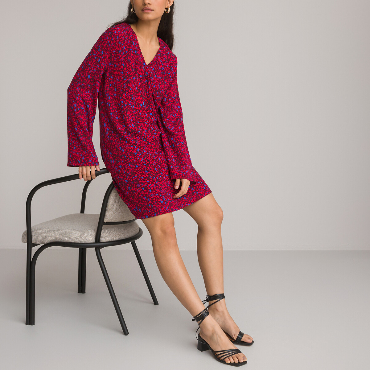 COLEÇÃO LA REDOUTE<br>Vestido curto, evasê, decote em V, mangas compridas