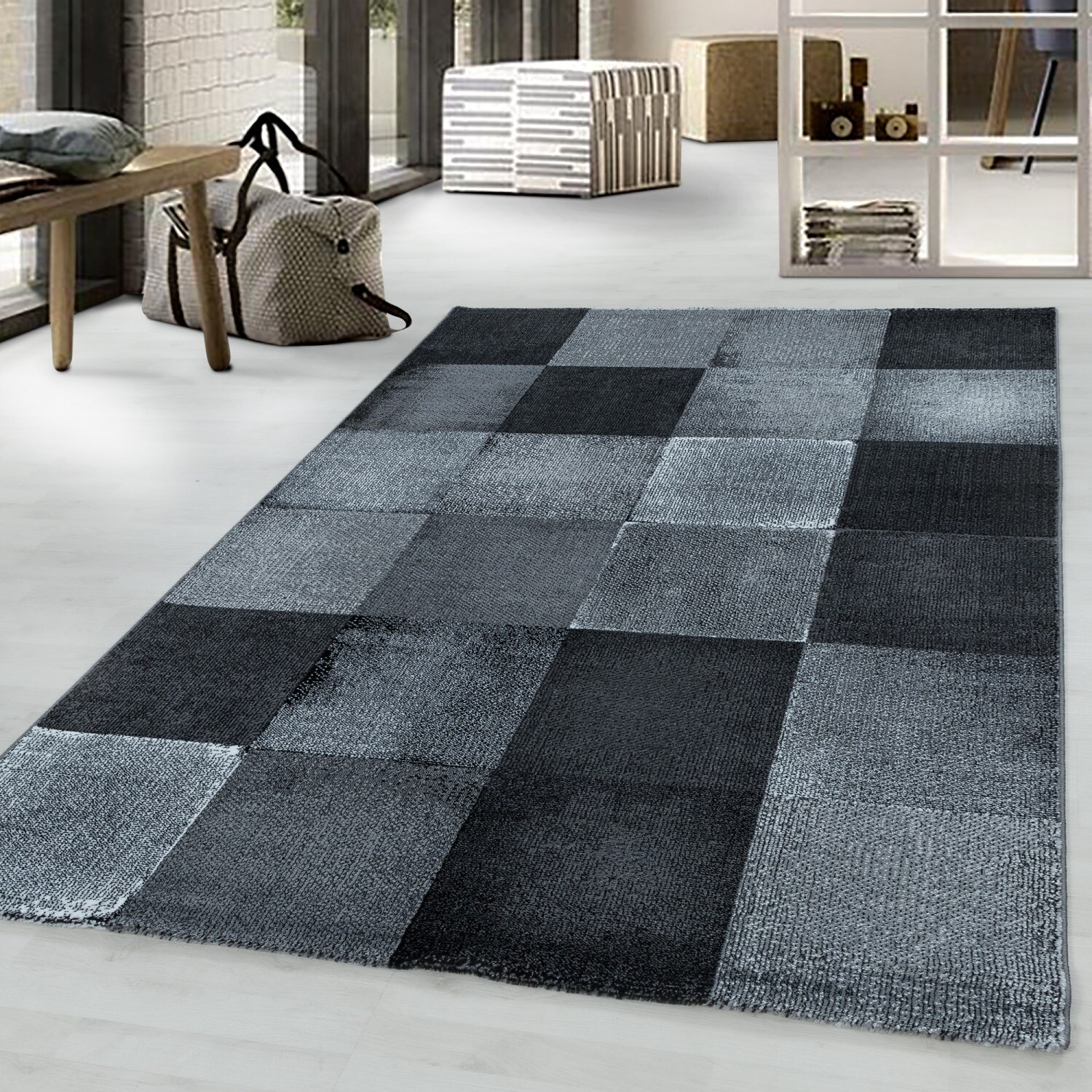 Designer Kurzflor Teppich in Modernem Karo Design - Meliert und Pflegeleicht