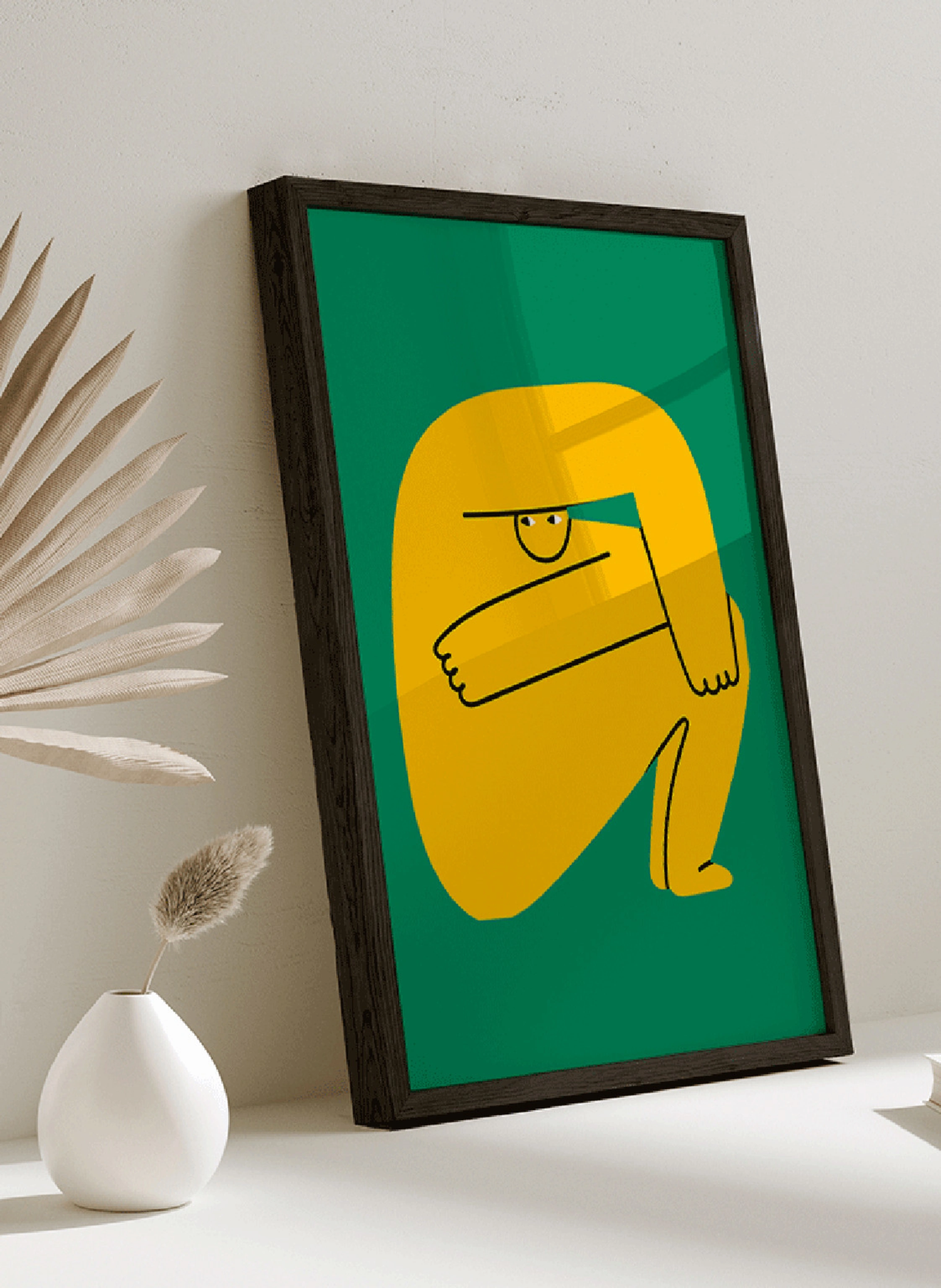 ANY IMAGE Wandbild GRÜNGELBE ABSTRAKTE FIGUR mit Rahmen