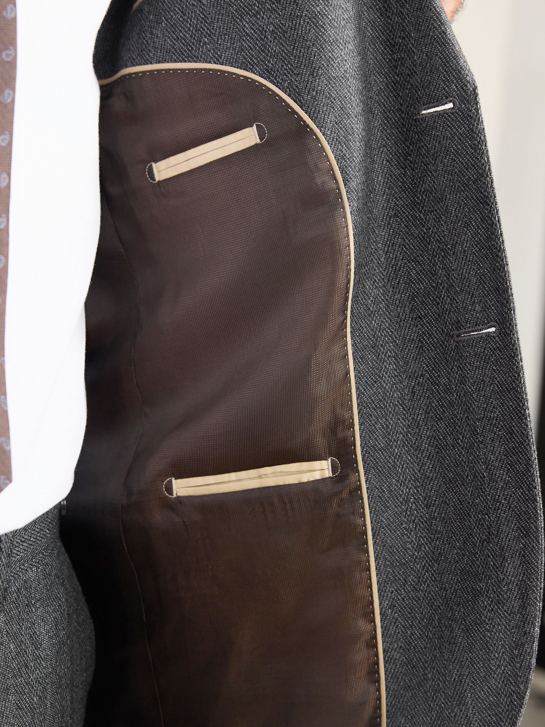 Antraciet - Regular Fit Signature Marzotto 100% Italian Wool Herringbone Suit Jacket