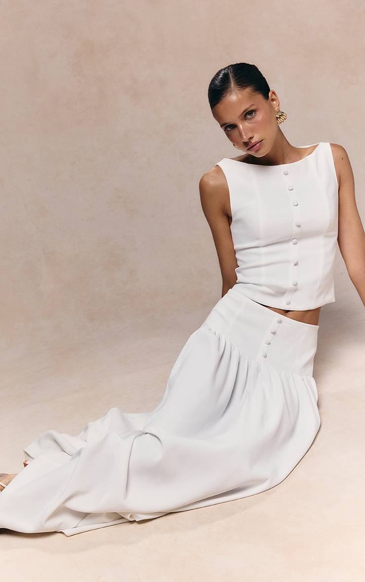 Blanc Jupe Midi Plissée En Tissu Tissé