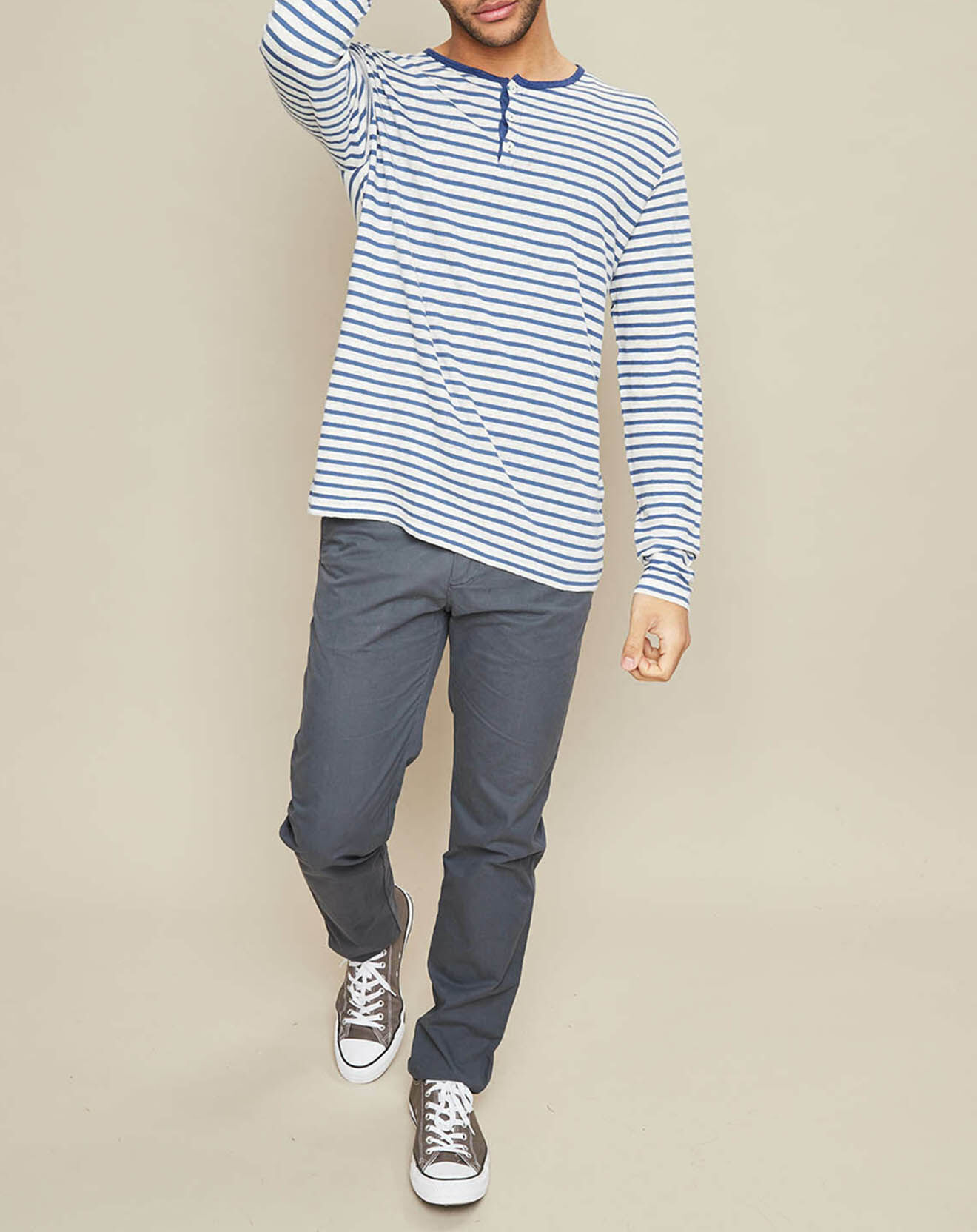 Hartford T-Shirt en Lin & Coton Henley rayé écru/bleu