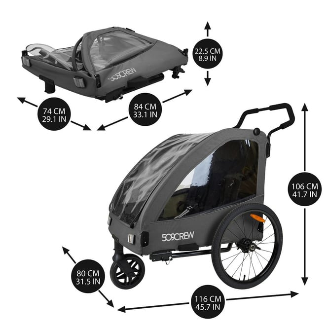 Fahrradanhänger 2in1 - für 2 Kinder - Grau