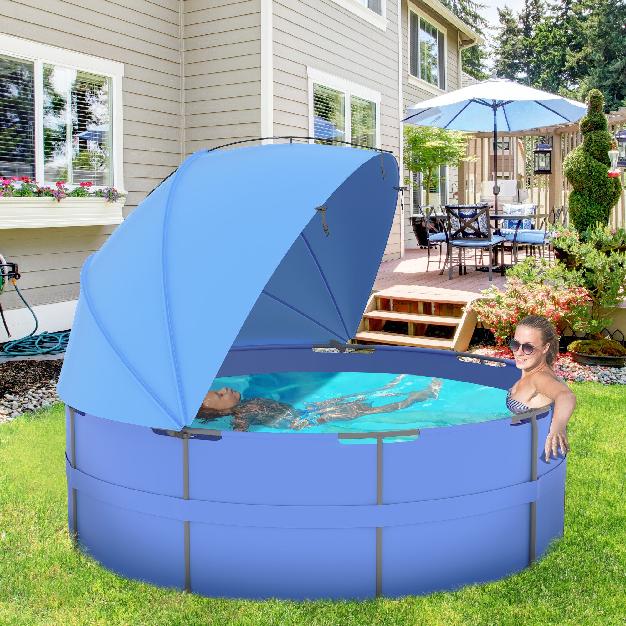 Outsunny Pool Sonnenschutzdach mit einer Tragetasche blau 300L x 150B x 120H cm