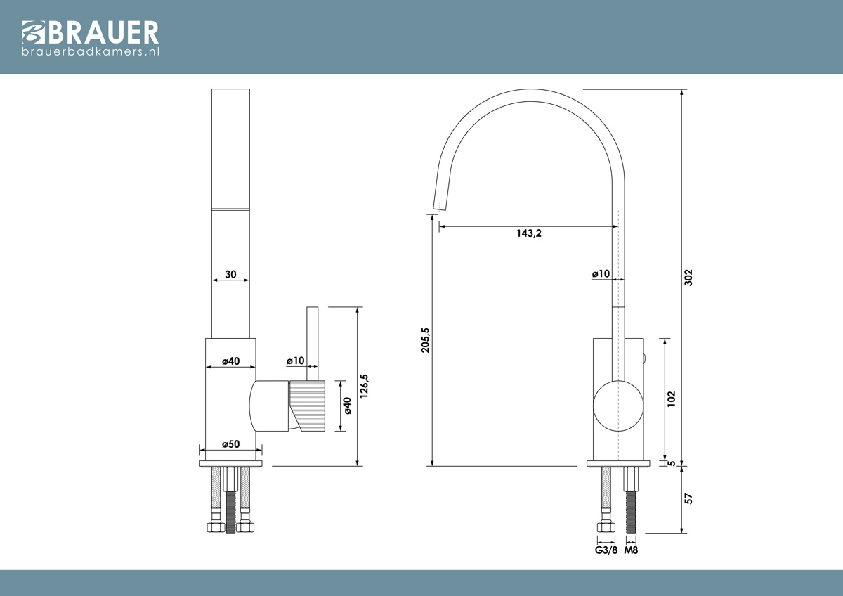 Brauer Stripe wastafelkraan met draaibare platte uitloop model A koper geborsteld PVD
