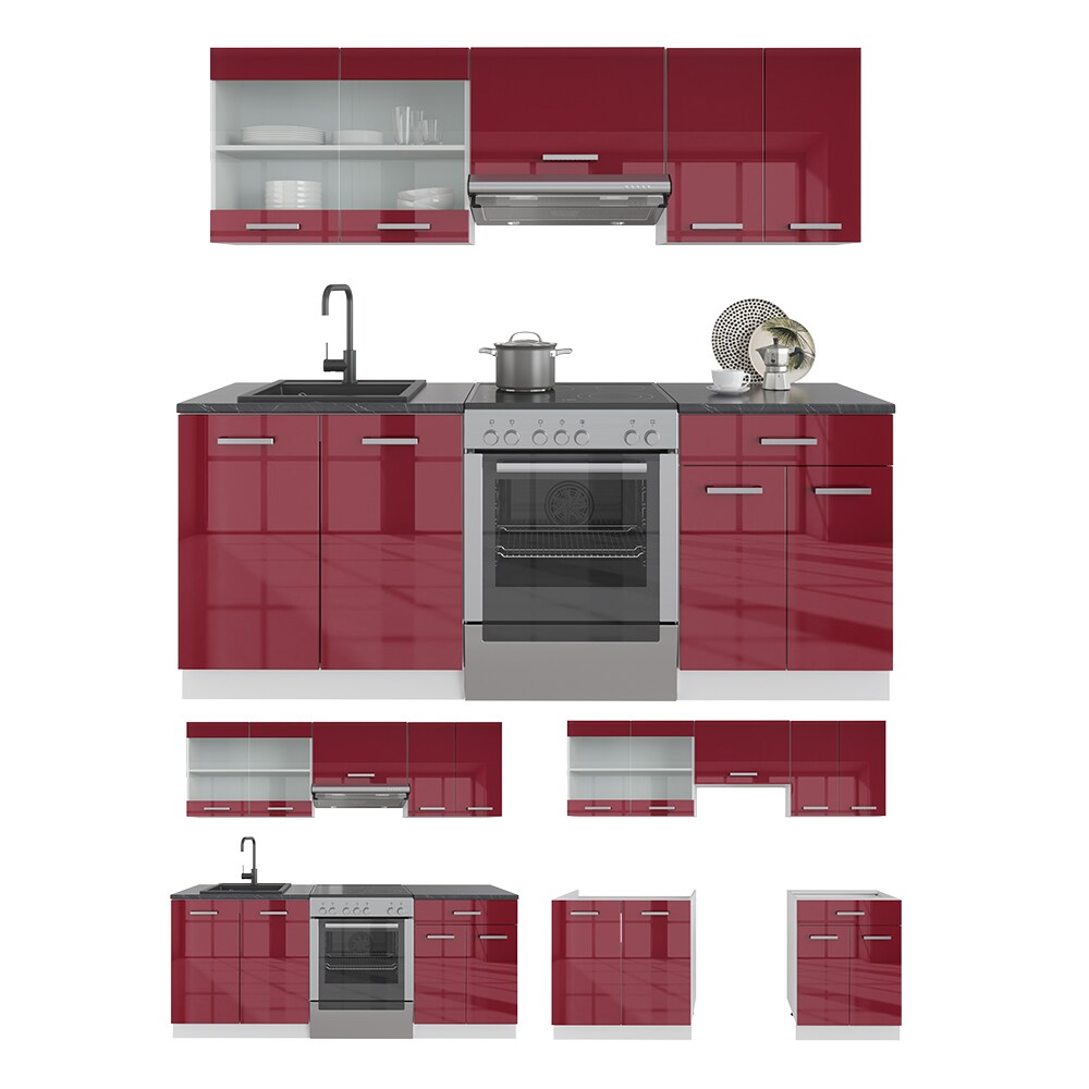 Vicco KÜCHE R-LINE 200CM KÜCHENZEILE KÜCHENBLOCK EINBAU Bordeaux Hochglanz