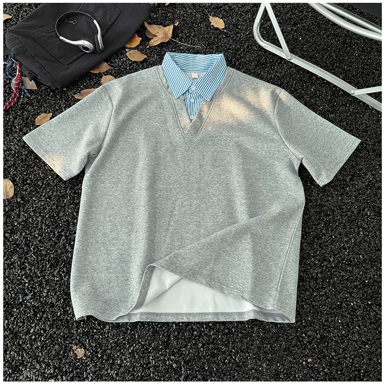 Mimiyox - Mock tweedelig T-shirt met korte mouwen en strepenkraag