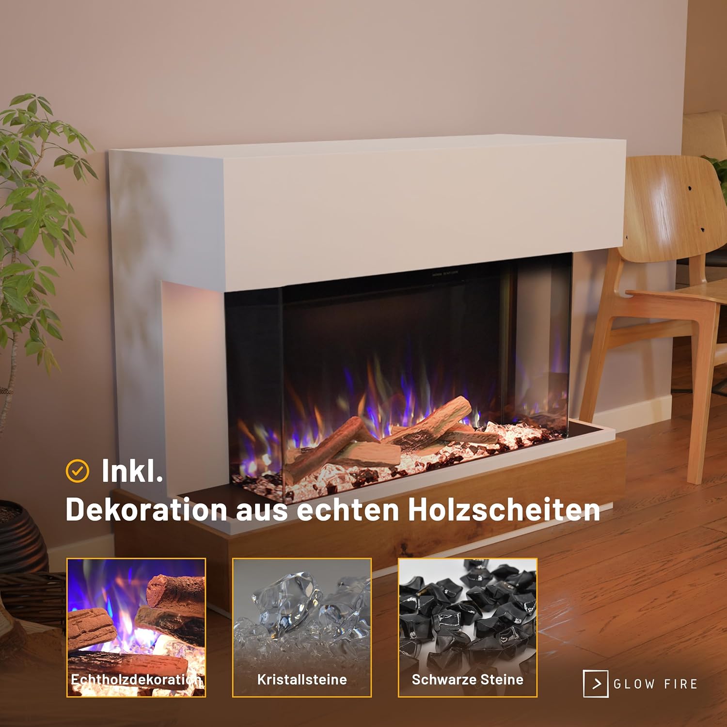 GLOW FIRE Kaminofen Curie mit realistischem 3D E-Motion LED-Feuer - Stand-Elektrokamin mit Heizung, Kaminfeuer & Timer, max. 1500 W, 114x89x41,5, Weiß