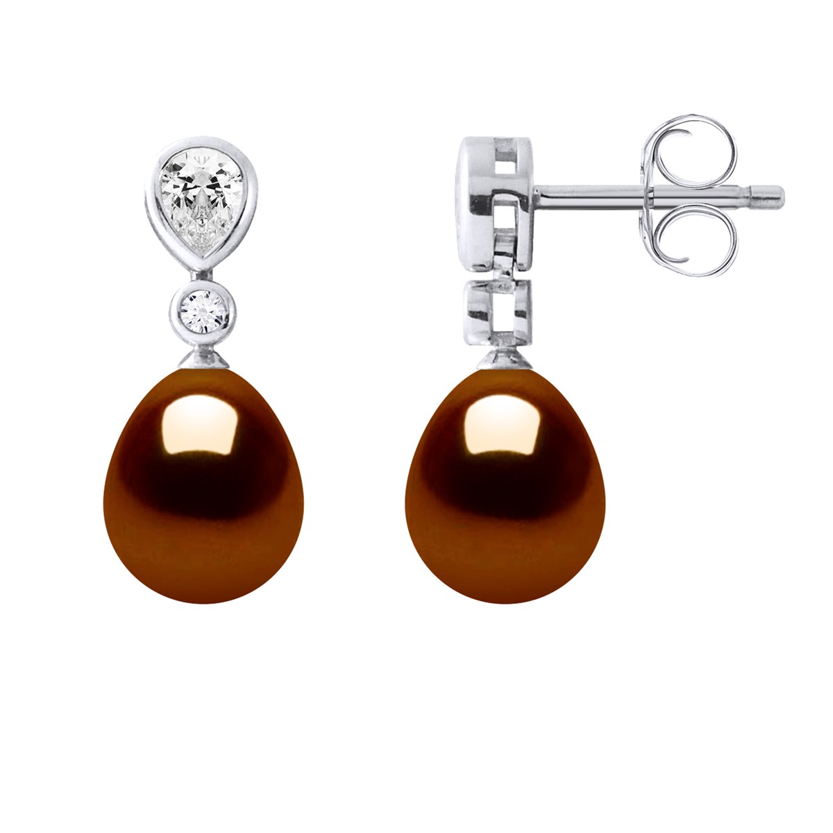 Pendants d'Oreilles Joaillerie Perles d'Eau Douce Poires 7-8 mm Chocolat Argent 925