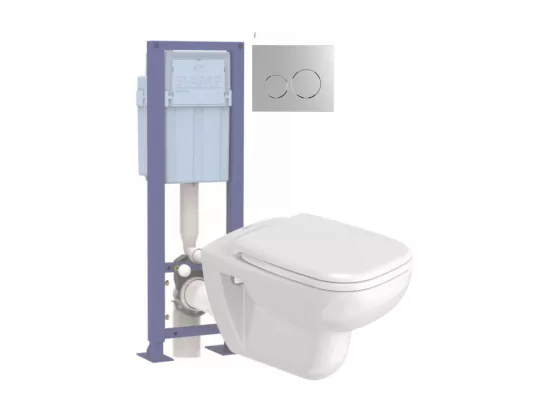Pack WC suspendu sans bride DURAVIT D-code avec abattant frein de chute synthétique + bati support SIAMP + Plaque de commande chromée