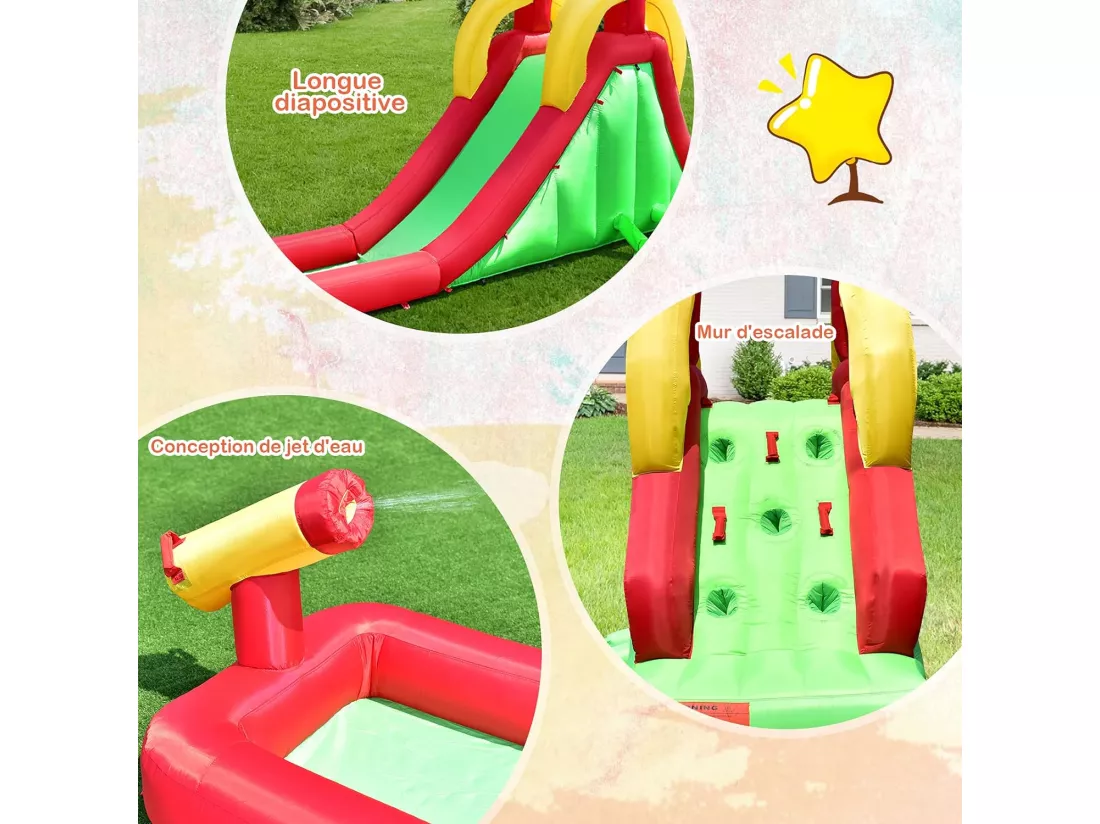 Aire de Jeu Gonflable pour Enfants avec Toboggan Aquatique Mur d'Escalade Toboggan et Pataugeoire (Souffleur non- inclus)