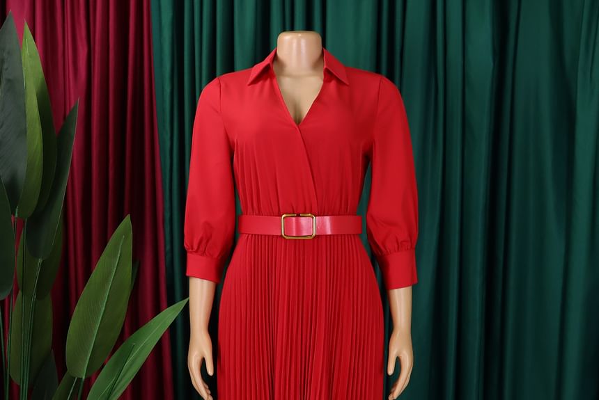 maschaka - Plus Size Lange Mouw V-hals Maxi Jurk met Riem
