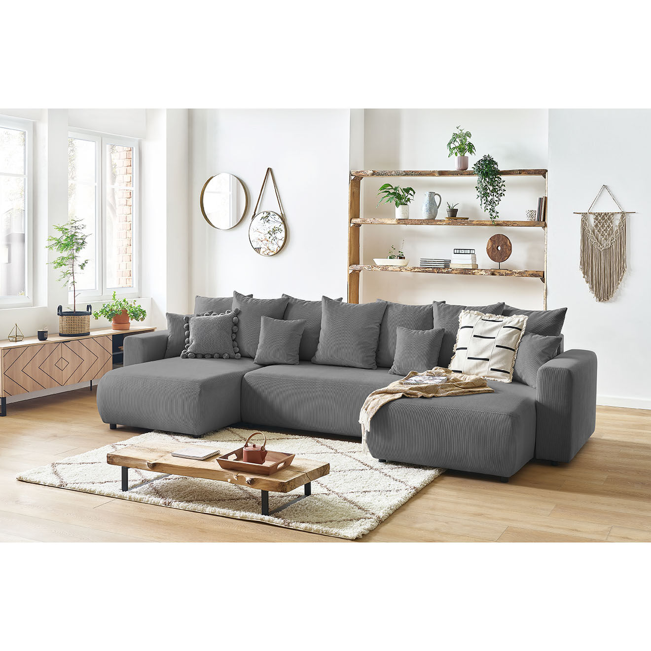 Bobochic Canapé panoramique convertible coffre velours côtelé envy gris foncé - 386x153x95 cm