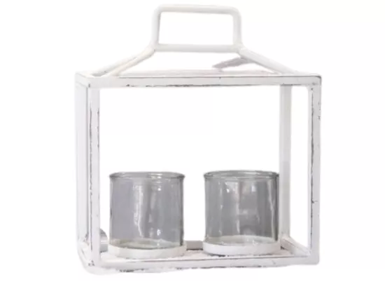 Lanterne jardin extérieur à poser bougie ancienne métal blanc 27 cm
