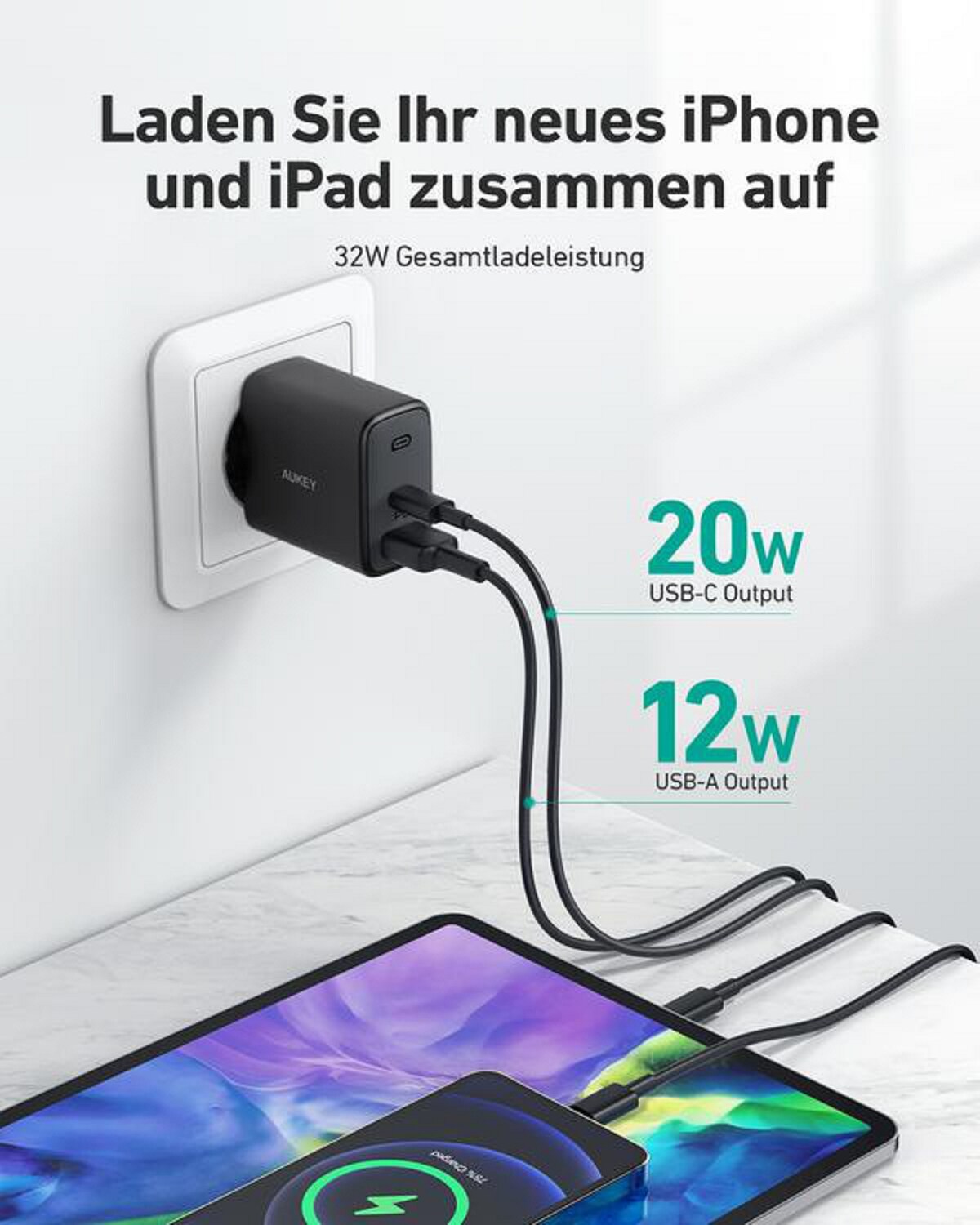 AUKEY PA-F3S-Bla Schnell Ladegerät Mix 32W Dual-Port Stecker Leistung, Schwarz