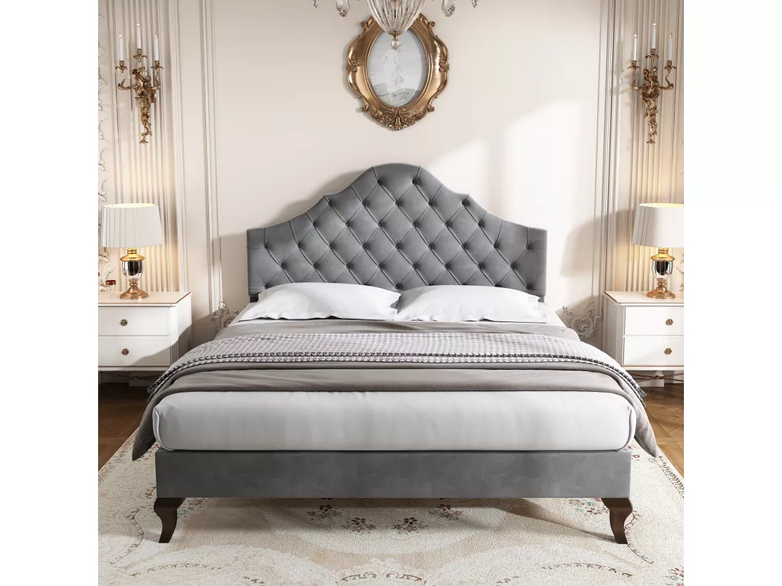 Lit avec tête de lit réglable pour adulte - 140 x 200 cm - velours - style scandinave - gris