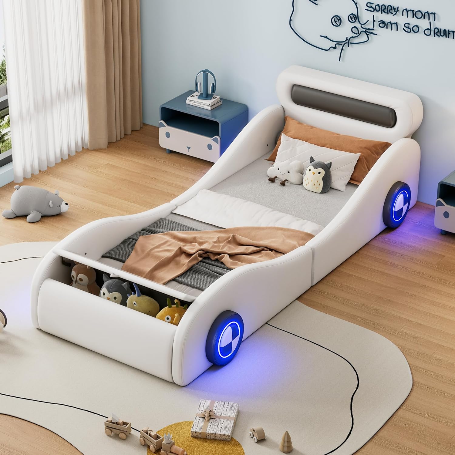 Kinderbett Autobett 90x200, Polsterbett Einzelbett Jugendbett mit leuchtenden Rädern&Stauraum, Aufregendes Auto Kinderbett für kleine Rennfahrer, Kinder Spielbett mit Lattenrost, PU,Ohne Matratze,Weiß