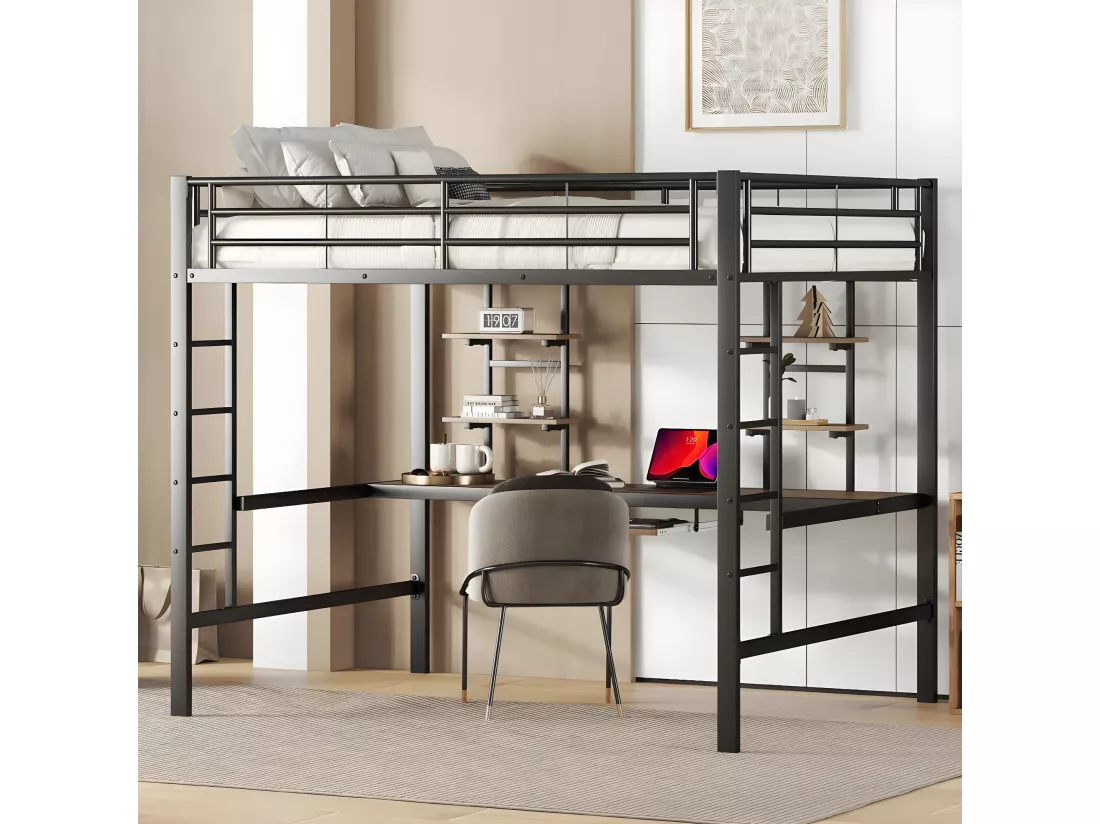Cadre de lit en métal, loft bed avec bureau et deux bibliothèques pour enfants, adolescents et adultes, 140x200 cm, noir