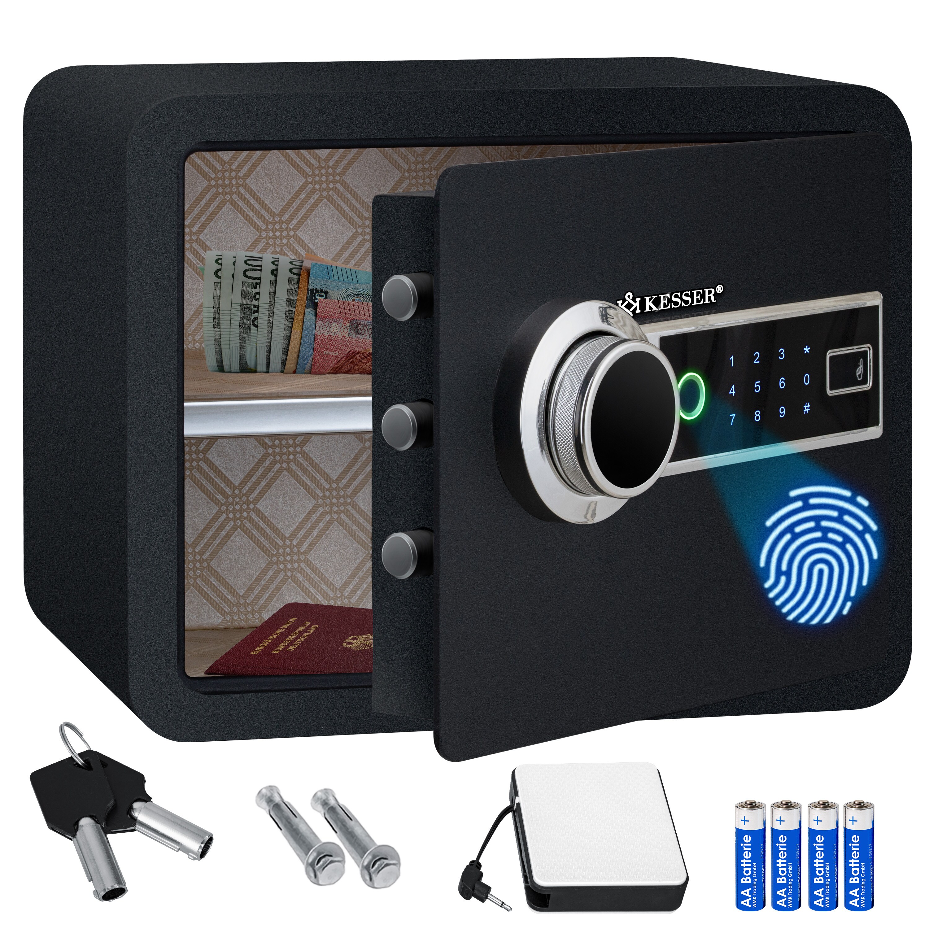 KESSER® Elektr. Tresor mit Fingerabdruck | Inkl. Batteriebox | Elektronischer Safe | 3x Doppelbolzenverriegelung | Boden Wandtresor | Möbeltresor | Beleuchtung | Panzerschrank Zahlenschloss