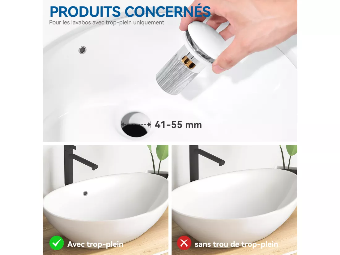 Auralum max Bonde Lavabo Universel Pop Up avec Filtre Anti-Clogging,Bonde Lavabo Salle Bain avec Trop Plein,avec Couvercle Céramique,Blanc
