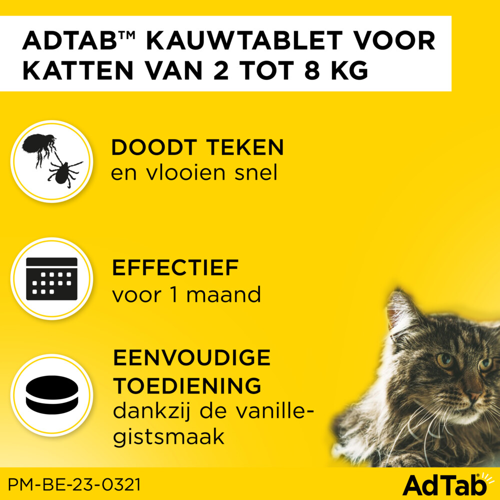 AdTab Anti Vlo en Teek Kauwtabletten Kat >2,0-8,0 kg3 tabletten