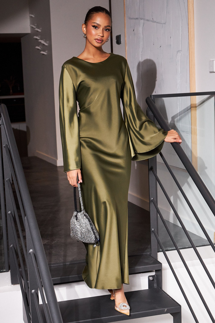 Robe ample satinée kaki