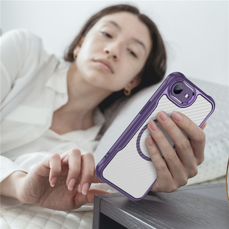 iPhone 16e MagSafe Gummi Case Schutzhülle Carbon Look Air Cushion Fallschutz mit Kameraschutz - Lila / Transparent