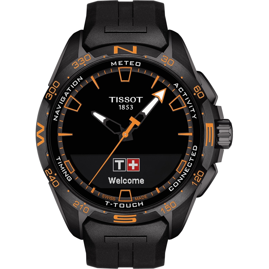 Tissot T-Touch Connect Solar Smartwatch Titan Schwarz / Orange mit schwarzem Kautschukarmband