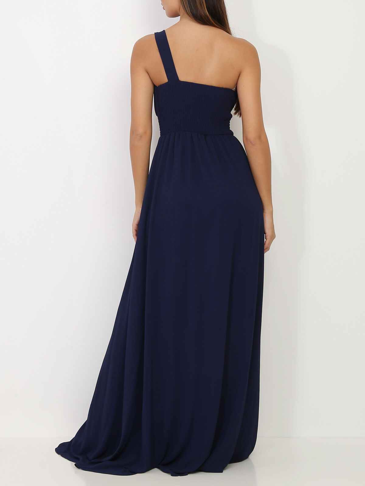Robe longue drapée one shoulder- Bleu marine