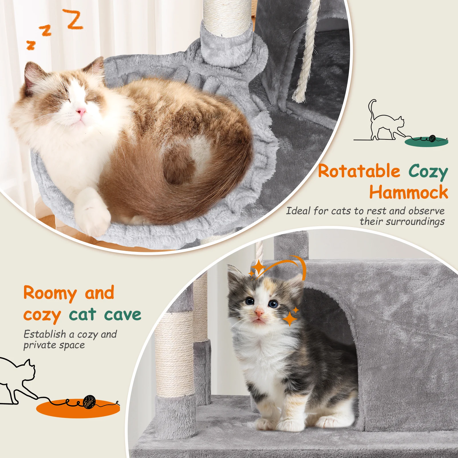 Arranhador para Gatos Nobleza, 148 cm de altura, vários níveis, ideal para gatos grandes, com 9 postes de sisal e bolas de pelúcia, na cor cinza.