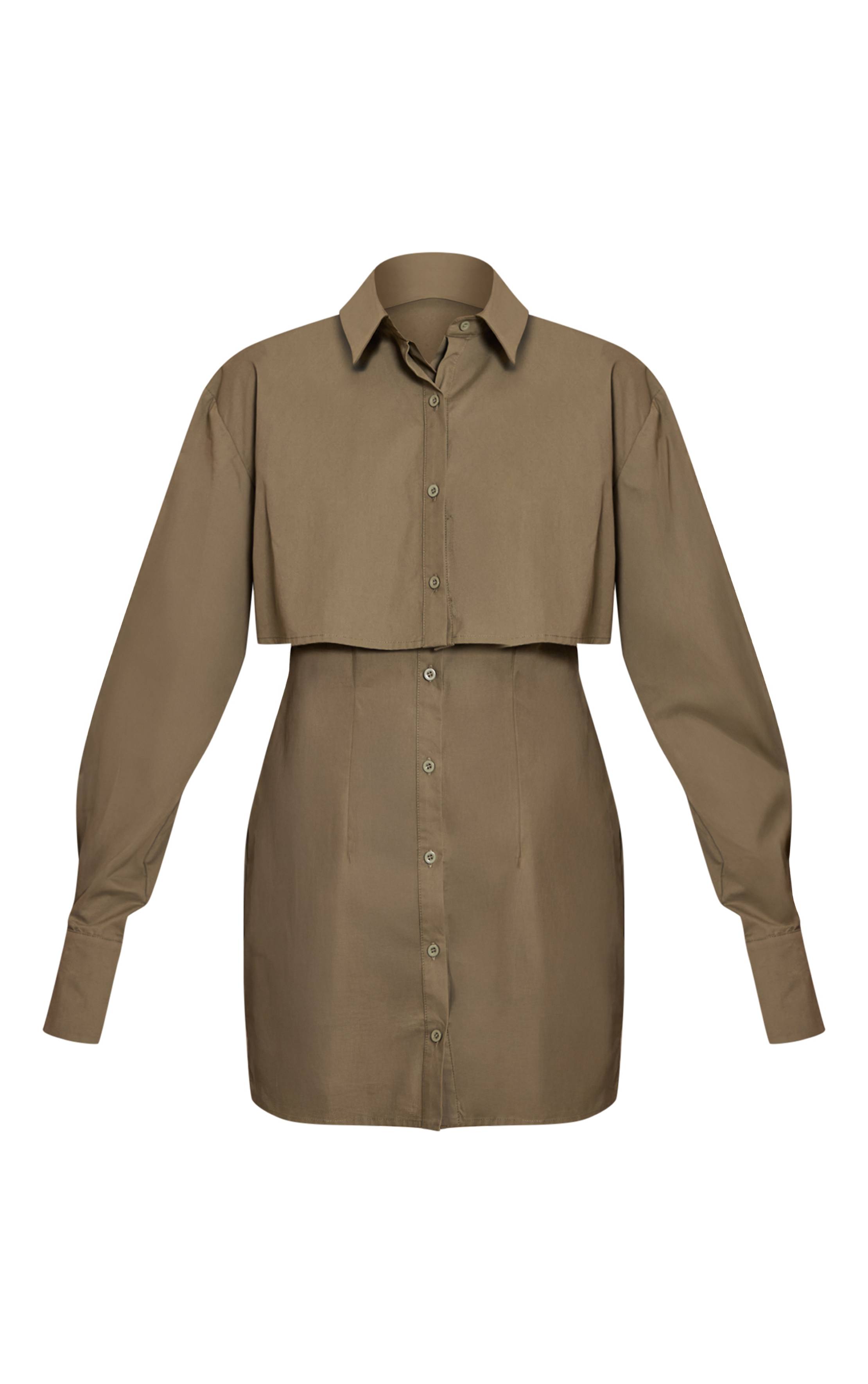 Kaki Robe Chemise À Manches Longues Avec Détail Superposé
