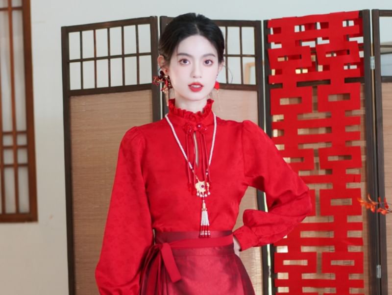 Fioridi - Blouse met mockneck en effen kleur / Maxi A-lijn rok met Hanfu-motief en middelhoge taille / Ketting