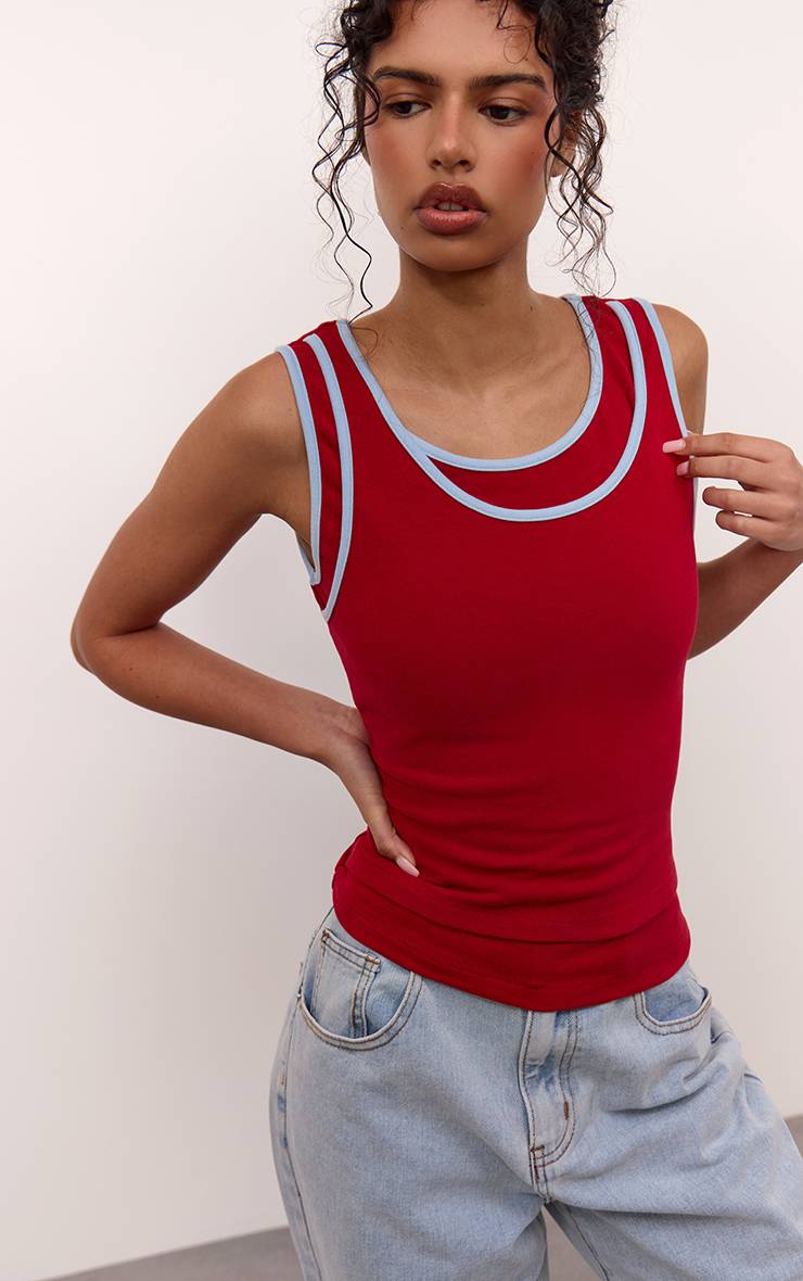 Rouge Débardeur Extensible Doux À Détails Contrastés