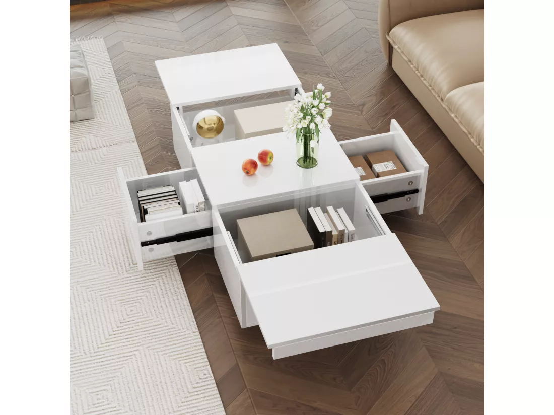 Table basse moderne en finition haute brillance avec rangement Push-Pull et tiroirs doubles – 100 x 50 x 31 cm