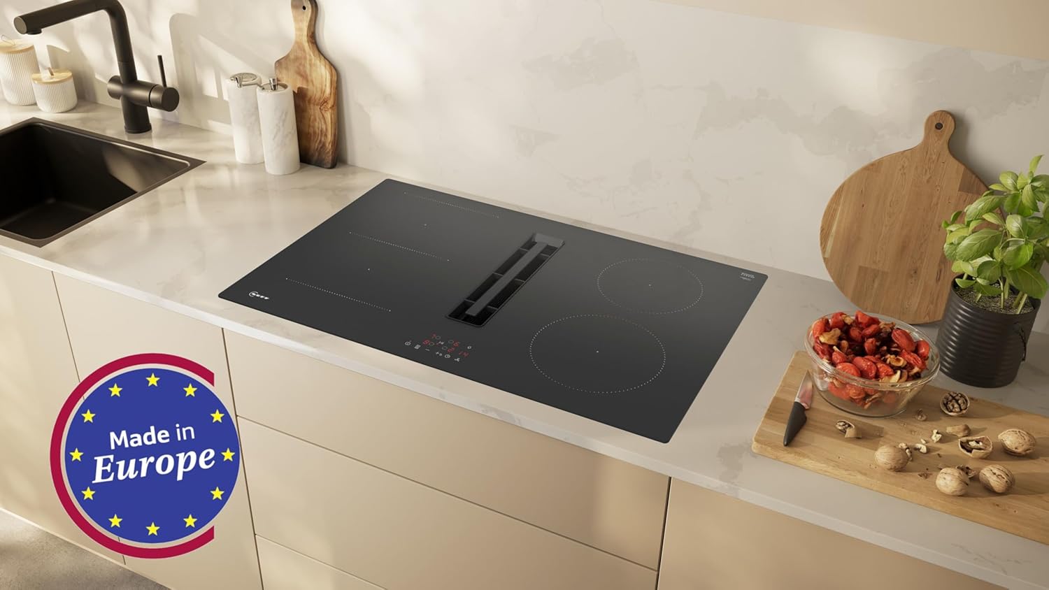 NEFF V58NBS1L0 N 50 Induktionskochfeld mit integriertem Dunstabzug 80 cm, Extrem Leise, Rahmenlos aufliegend, Touch Control, Combi Induction, Leicht zu reinigende Fettfilter, Powerstufe