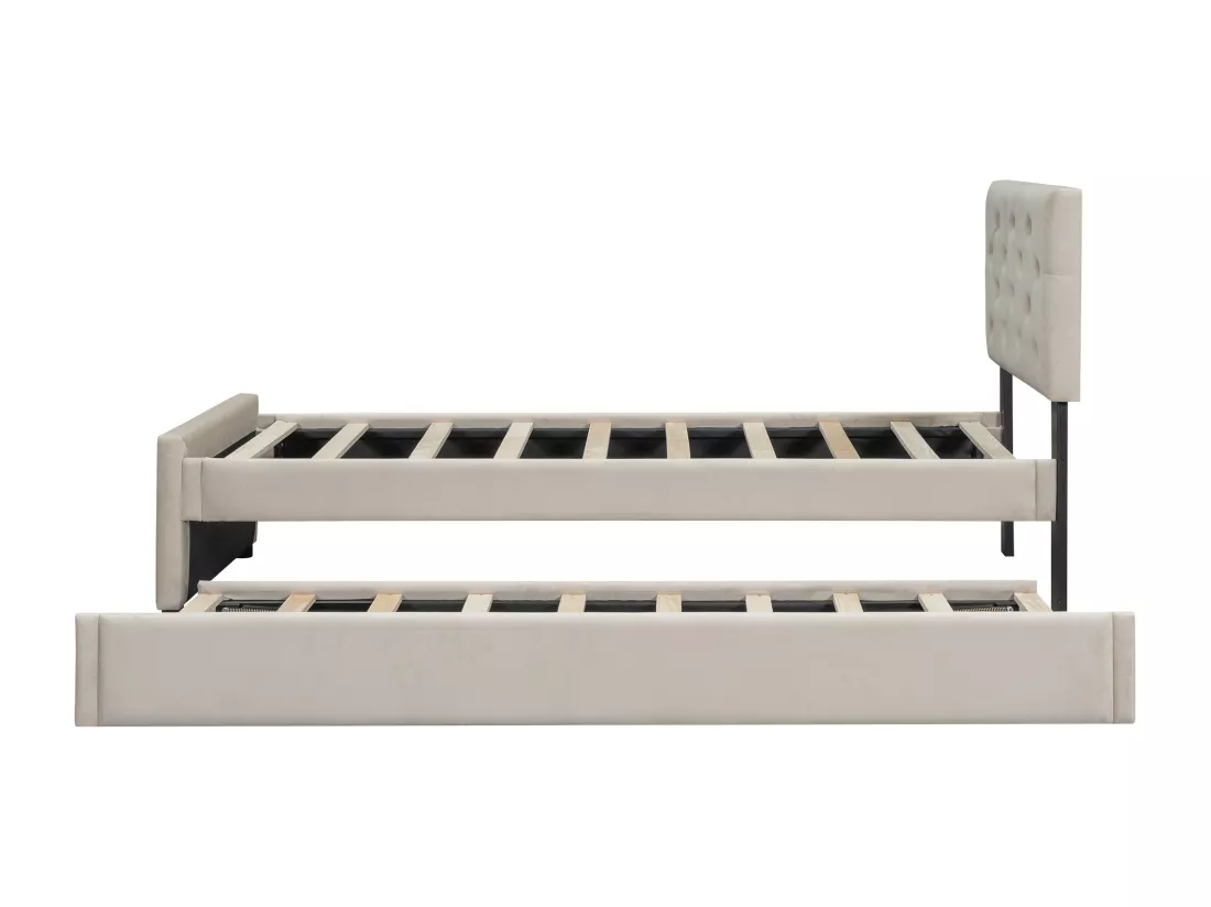 Lit gigogne 90 x 200 cm + 90 x 190 cm avec tête de lit - velours - beige (sans matelas)