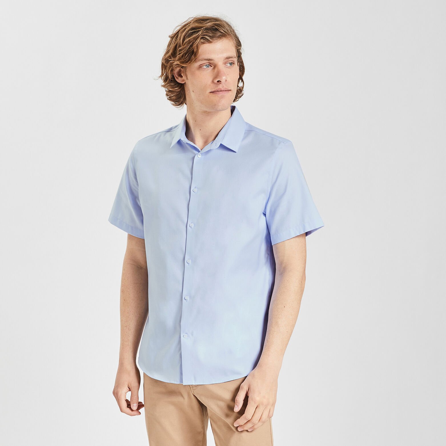 Chemisette regular sans repassage unie coton Bleu clair