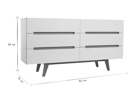 Commode scandinave finition blanc brillant laqué 6 tiroirs L160 cm MELKA