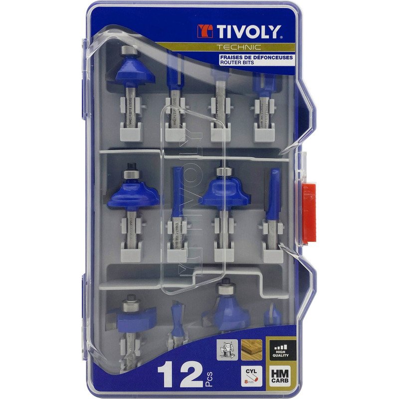 Fraises de défonceuse formes assorties, Tivoly Technic, queue Ø 8 mm - Coffret de 12