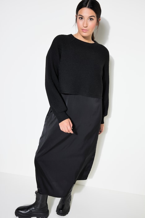 Maxikleid, Boxy Shape, Layering-Look, Strick und Satin