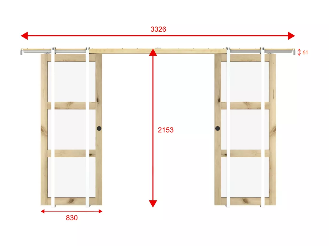 Porte coulissante double avec système à galandage en bois et verre trempé - 3 fenêtres - 2 x H205 x L83 cm - ACOSTA II