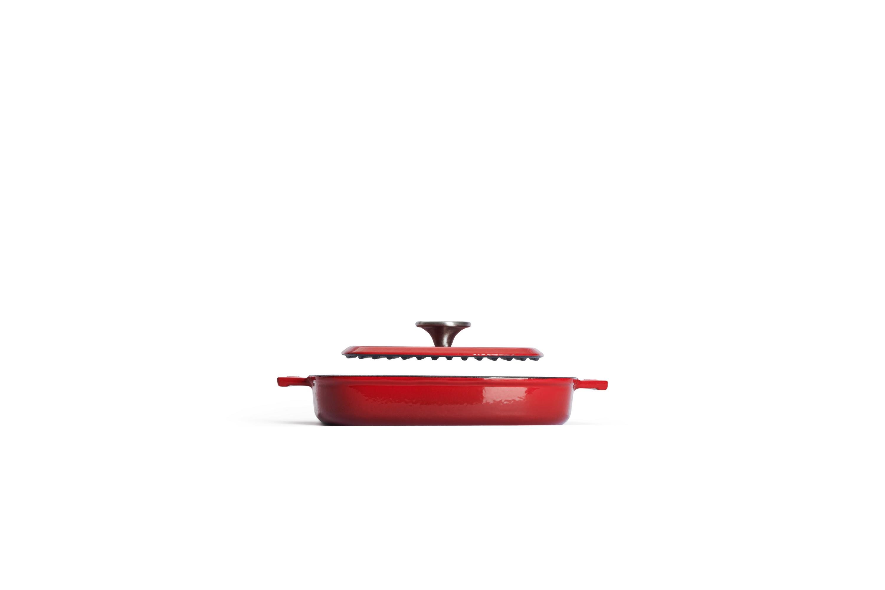 Iron Guss-Grillpfannen-Set mit Küchenzange, 24 x 24 cm - Farbe: Chili Red