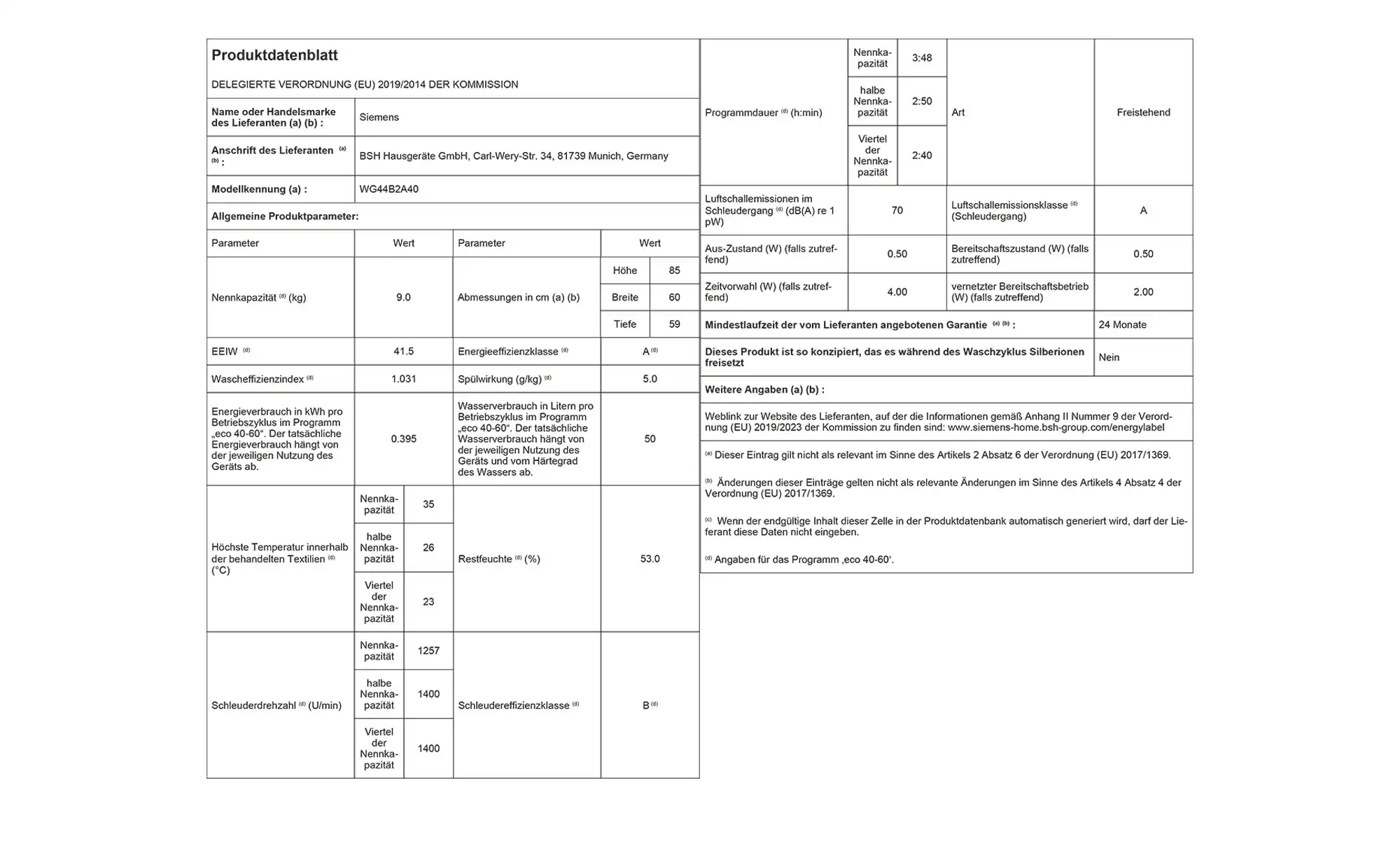 SIEMENS Waschvollautomat WG44B2A40