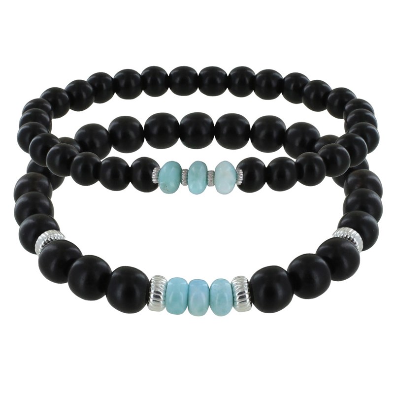 Duo Bracelets Homme et Femme Perles d'Ebènes et Trois Anneaux de Larimar