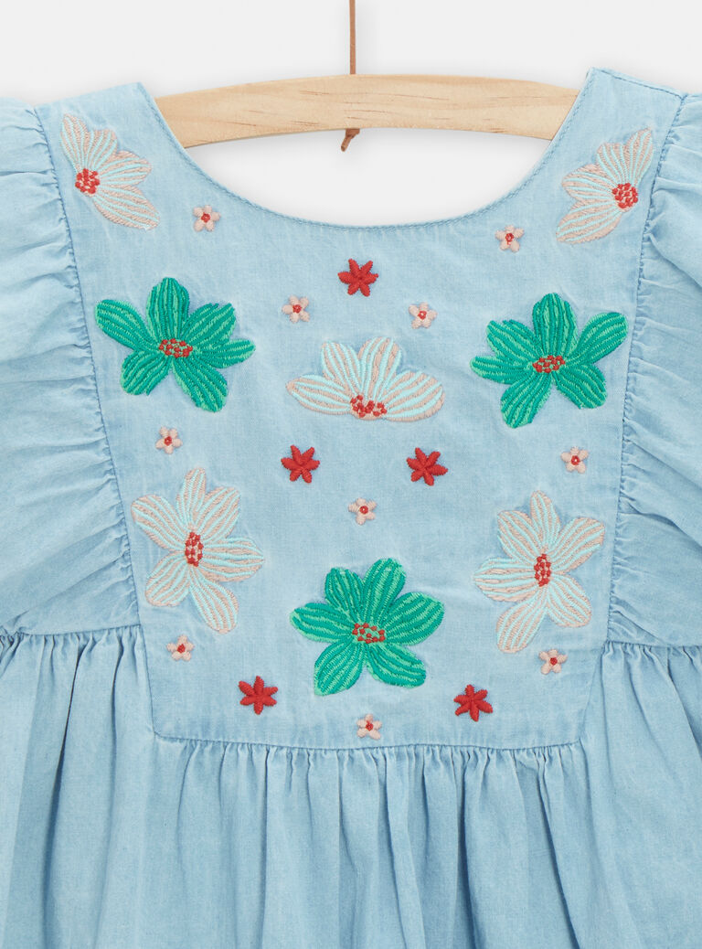 Robe en denim clair avec broderie fleurie pour fille