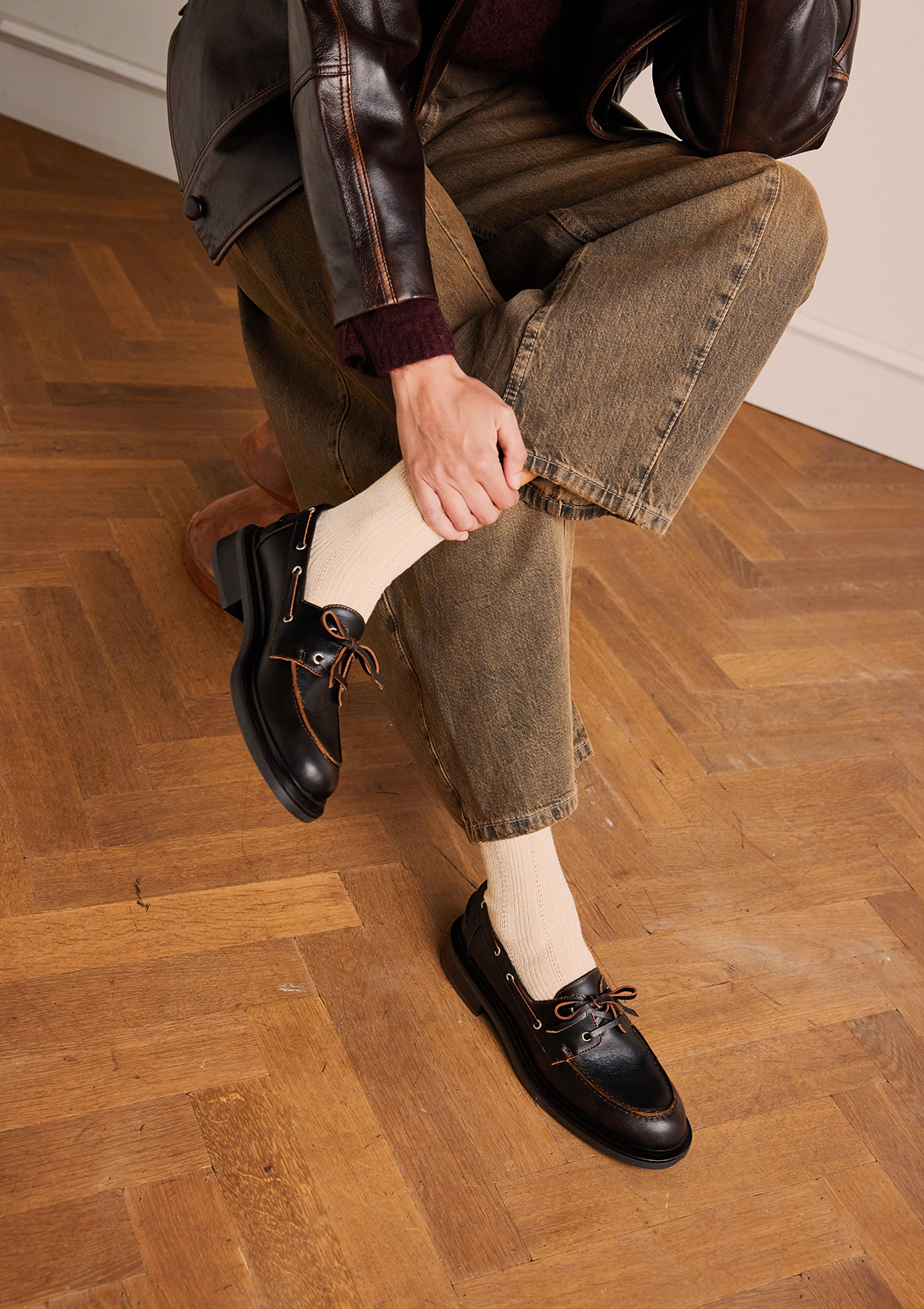 Bruine leren bootschoentjes