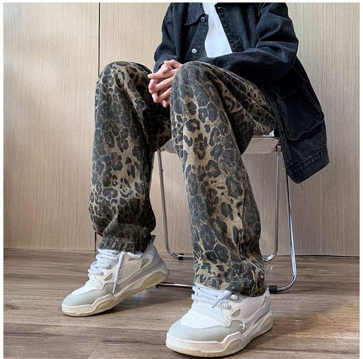 Whyessa - Low Rise Leopard Print Washed Baggy Jeans