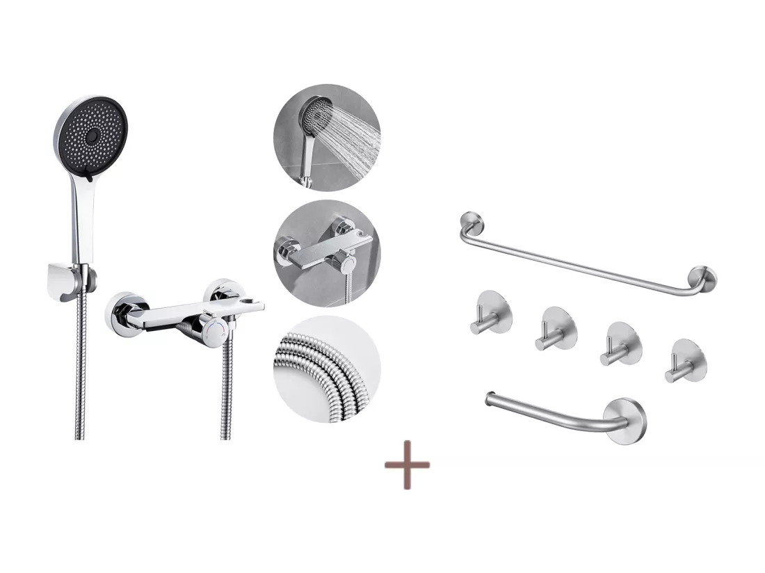 Robinet Baignoire Cascade Auralum max,Chromé,avec Douchette 5 Fonction,Mitigeur en Laiton+Ensemble Salle Bain Accessoire 6 Pièces,Inox,Brossé