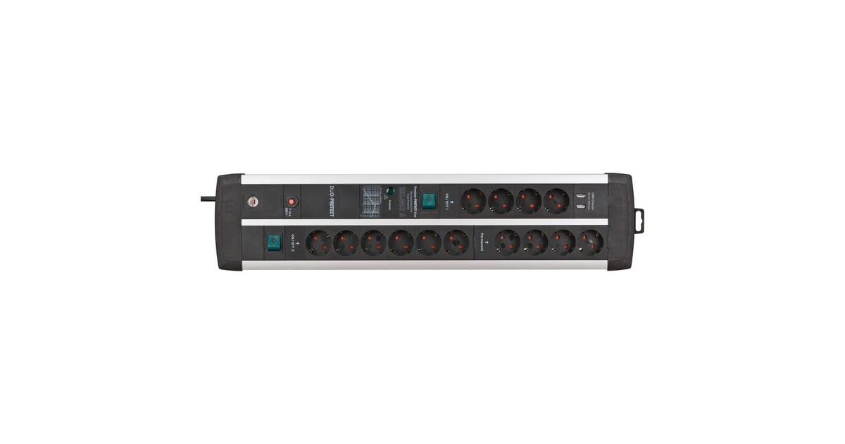 BrennenstuhlPremium-Protect-Line 120.000A Duo stekkerdoos 14-voudig met overspanningsbeveiliging en USB stekkerdoos  (Zwart/zilver, 2x USB, 3 meter)