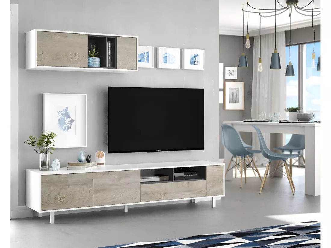 Ensemble meuble TV de 2 éléments coloris chêne à nœuds blanc artik - Hauteur 47 x Longueur 200 x Profondeur 40 cm